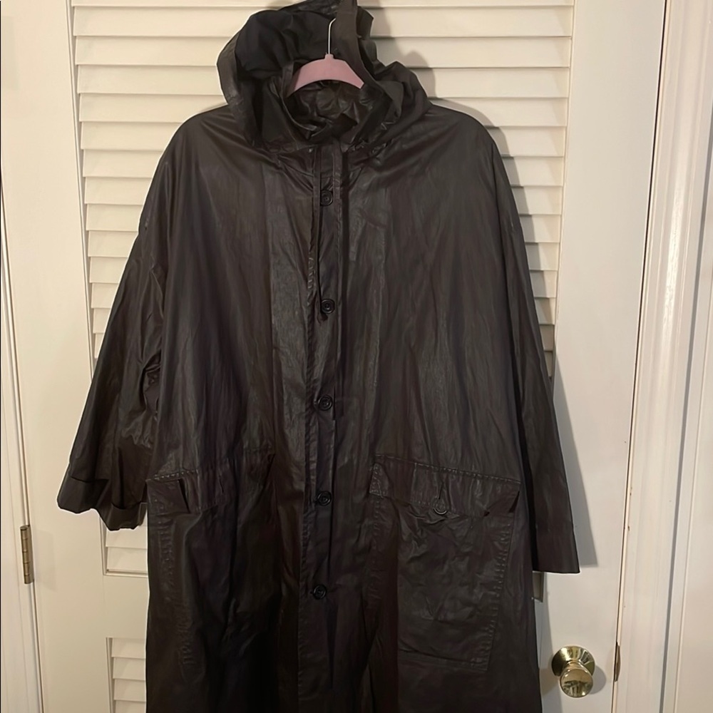 Eskandar Boxy MIDI Loden Rich Green Waxed Hooded Raincoat Jacket Size 1